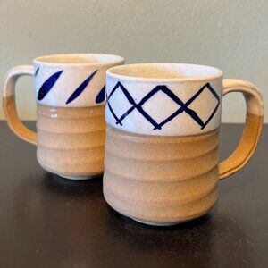 Pair of Vintage Japanese Handcrafted Hand Painted Unglazed & Glazed Pottery Mugs